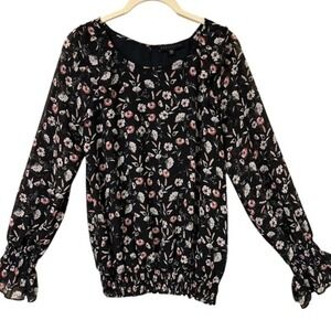 Sanctuary Womens‎ Floral Blouse Black Long Sleeve Ruffle Cuff Top Size Medium